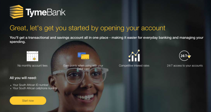 A bank account can be opened with Tyme Bank online using a South African ID Number and South African cellphone number.