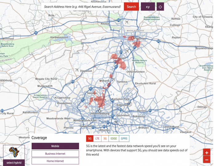 Vodacom 5G coverage map as of 2021