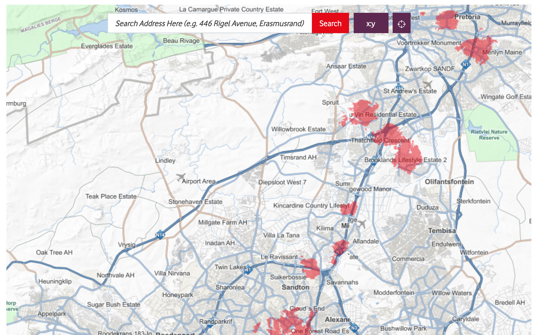 A screenshot of Vodacom's 5G coverage in Gauteng province of South Africa