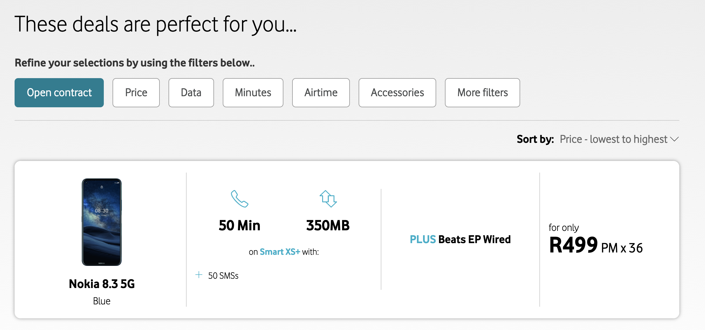 Vodacom South Africa is offering the Nokia 8.3 5G with only one contract option at R499 per month for 36 months.