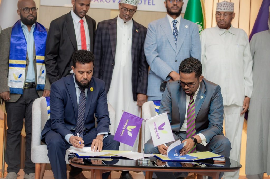 Q&A: building a digital Islamic bank in Somaliland 4 Two executives sign documents at a table carrying Wadaag Bank flags, watched by officials and guests, in Hargeisa, Somaliland.