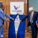 Officials unveil the Wadaag Bank banner at the bank's public launch ceremony at the Sarovar Premiere Hotel in Hargeisa, Somaliland, on 31 August 2025.