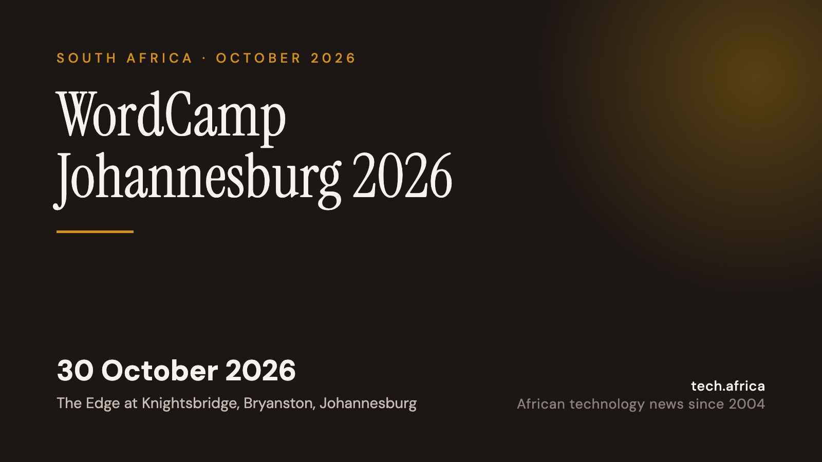 Event card: WordCamp Johannesburg 2026, 30 October 2026, The Edge at Knightsbridge, Bryanston, Johannesburg